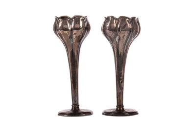 A PAIR OF SILVER BUD VASES, PEPPER POT AND GROUP OF SILVER SPOONS