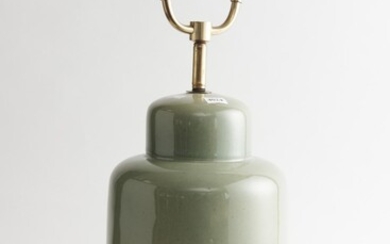 A PALE GREEN GLAZED CERAMIC TABLE LAMP, 55 CM TOTAL HEIGHT, LEONARD JOEL LOCAL DELIVERY SIZE: SMALL