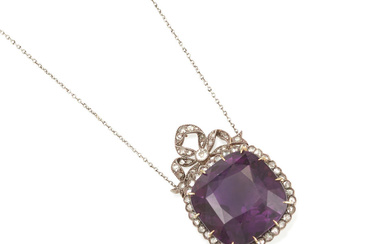 A PLATINUM, GOLD, SILVER-TOPPED GOLD, AMETHYST AND DIAMOND PENDANT NECKLACE...
