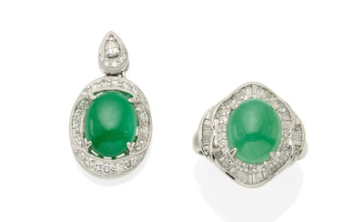 A PLATINUM, JADE AND DIAMOND PENDANT AND RING