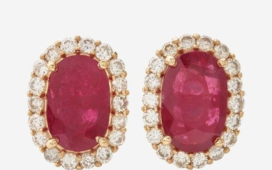 A Pair of 18K Gold, Ruby, and Diamond Earrings