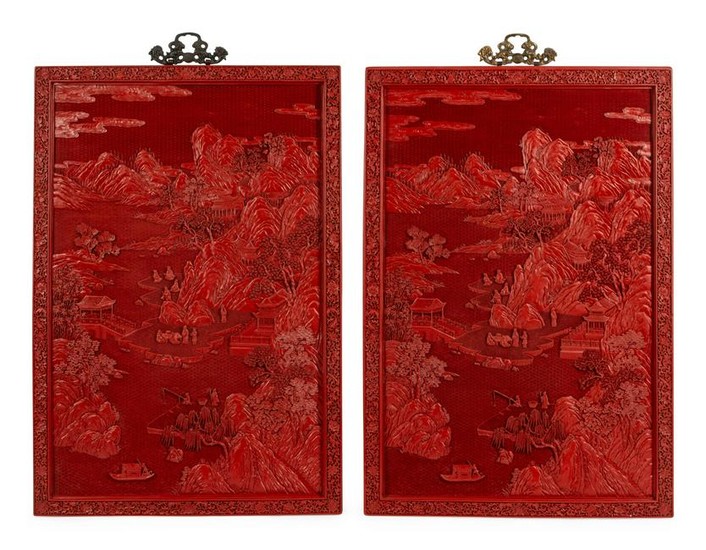A Pair of Chinese Carved Red Lacquer Panels