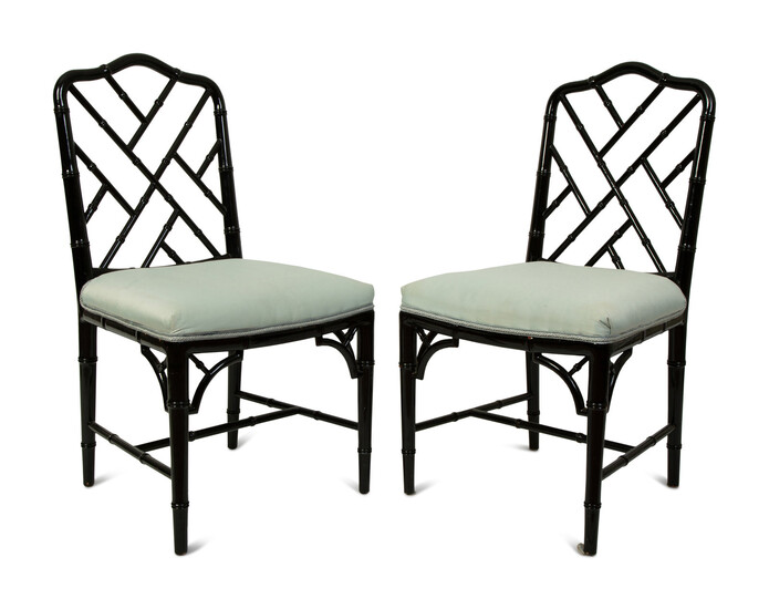A Pair of Chinese Chippendale Style Black Lacquer Side Chairs