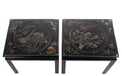 A Pair of Chinese Ebonized & Painted Wood Side Tables