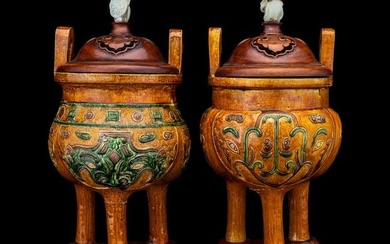 A Pair of Chinese Sancai Glazed Porcelain Tripod Ding Vessels