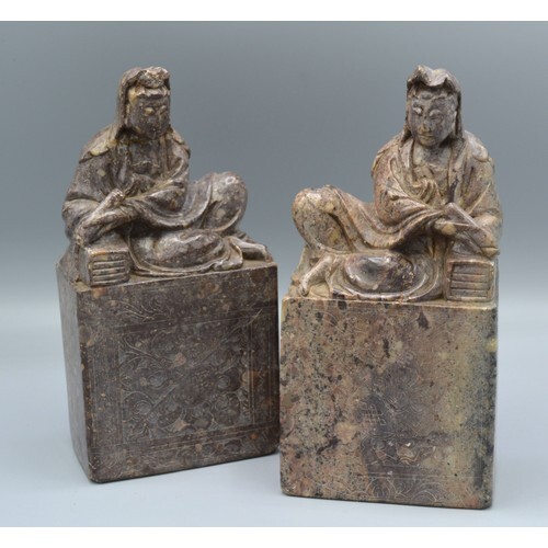 A Pair of Chinese Soapstone Large Seals bearing script to ba...