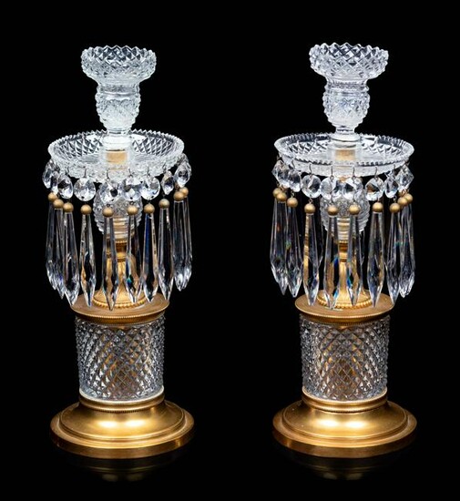A Pair of French Gilt Bronze and Cut Glass Candlesticks