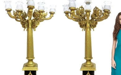 A Pair of Monumental Empire style Bronze Marble Torchiere Lamp