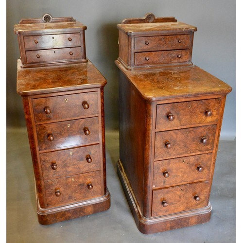 A Pair of Victorian Burr Walnut Bedside Chests, each with tw...