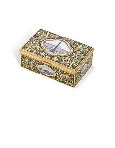 A RARE EN PLEIN, GUILLOCHÉ AND CHAMPLEVÉ ENAMEL GOLD SNUFF BOX, MARKED KEIBEL, ST PETERSBURG, CIRCA 1860, SCRATCHED INVENTORY NUMBER 833