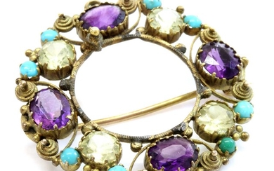 A Regency gold amethyst, chrysolite and turquoise cannetille brooch/pendant