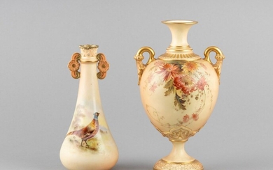 A Royal Worcester blush ivory vase with dual gilt handles, Heights: 9 in. (22.86 cm.); 7 1/2 in. (19.05 cm.)
