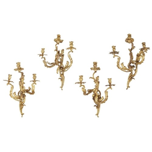 A SET OF FOUR 19TH CENTURY LOUIS XV STYLE GILT BRONZE WALL L...