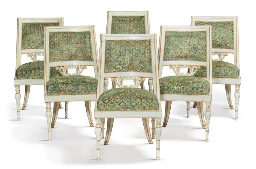 A SET OF SIX ITALIAN NEOCLASSICAL WHITE PAINTED AND PARCEL-GILT SIDE CHAIRS, EARLY 19TH CENTURY