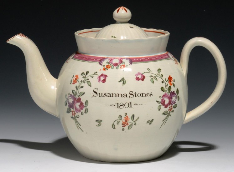 A STAFFORDSHIRE FLUTED GLOBULAR PEARLWARE TEAPOT AND COVER, ...