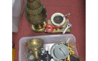 A Spong Bean slicer, sieve, scales, cutlery, large brass vas...