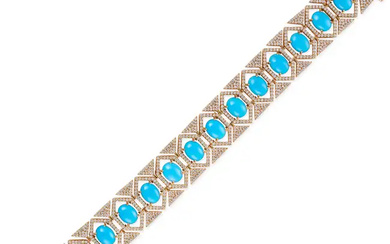 A TURQUOISE AND DIAMOND BRACELET set with a row of ...