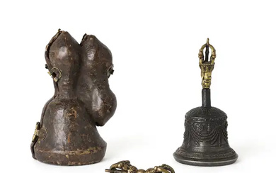 A Tibetan gilt copper alloy vajra, a ghanta and a ghanta case...