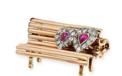 A VINTAGE RUBY AND DIAMOND SWEETHEART BENCH BROOCH in
