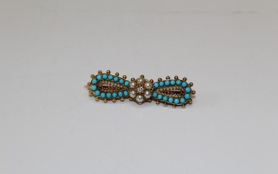 A Victorian turquoise, seed pearl and diamond archaeological revival style...