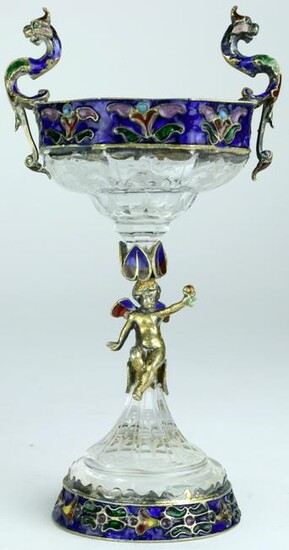 A Viennese style gilt bronze mounted enamel and crystal