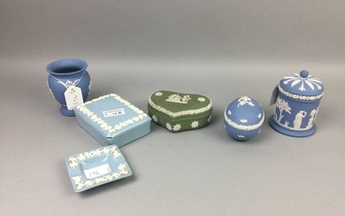 A WEDGWOOD BLUE JASPER WARE LIDDED DISH AND OTHERS