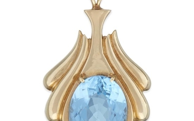 A blue topaz and fourteen karat gold pendant centering...