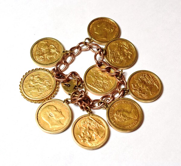 A charm bracelet stamped '9' and '.375' hung with nine full sovereigns dated 1915, 1908, 1974,...