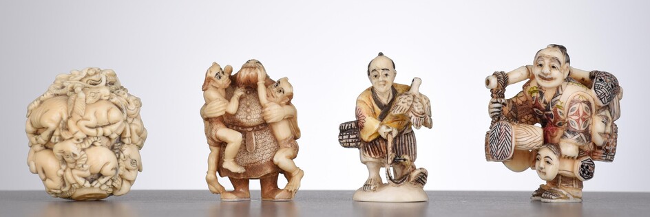 A collection of three Japanese ivory netsuke, and a ditto okimono, tallest H 6,6 cm