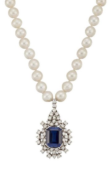 A cultured pearl, diamond, sapphire and synthetic...