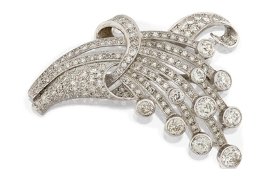 A diamond spray brooch, the diamond stylised floral spray with pave diamond ribbon with radiating diamond set stems and collet-set old-brilliant-cut diamond terminals, c.1950, approx. length 5.7cm