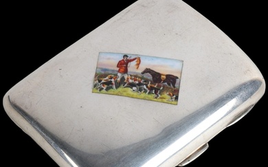 A fine Edwardian silver and enamel 'Hunting Scene' curved ci...