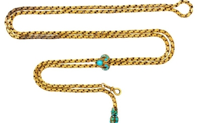 A gold belcher link turquoise necklace, with associated turquoise-set gilt metal slide and terminal fittings, necklace unmarked, length 106 cm, approximate gross weight 62g