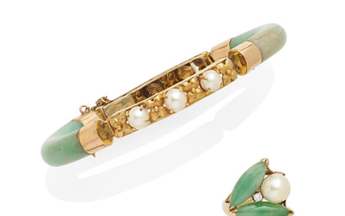 A jade and cultured pearl bracelet together with a jade, cultured pearl and diamond ring