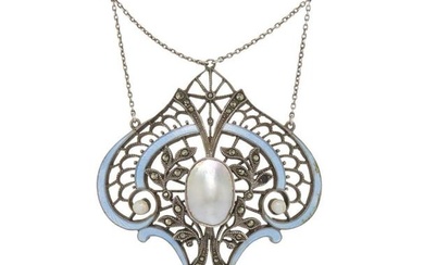 A large Arts & Crafts silver, enamel, pearl and marcasite openwork pendant