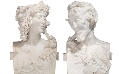 A large pair of Carrara marble busts of a satyr and a nymph, H 55...