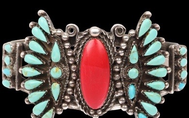 A large sterling silver gem set Navajo style cuff bangle, se...