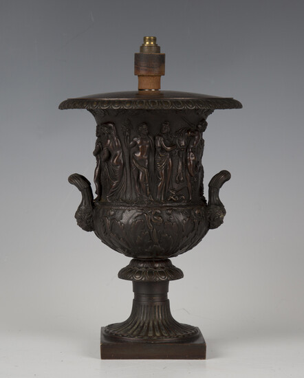 A late 19th century Continental brown patinated cast bronze classical twin-handled urn, converted to