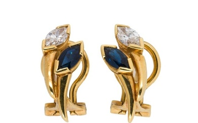 A pair diamond, sapphire and 14k gold ear clips