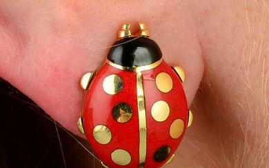 A pair of 18ct gold enamel ladybird earrings, by Cartier.