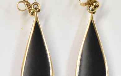 A pair of 9ct yellow gold onyx set teardrop shaped...