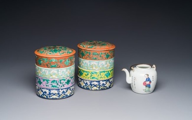 A pair of Chinese famille rose four-tier stacking box and a teapot, 19th C.