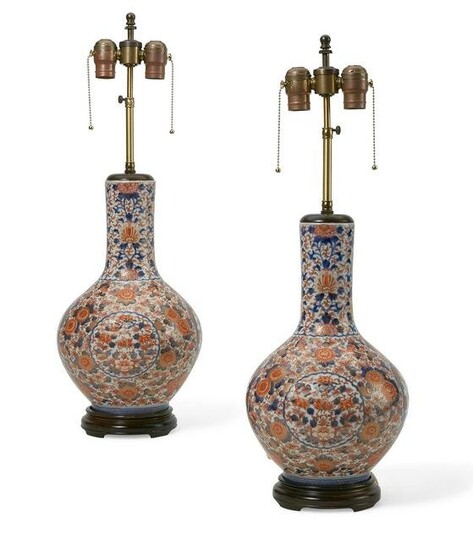 A pair of Japanese Imari porcelain vase lamps