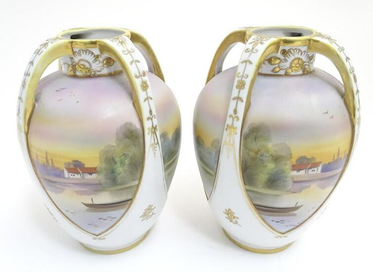 A pair of Japanese Noritake three handled vases with