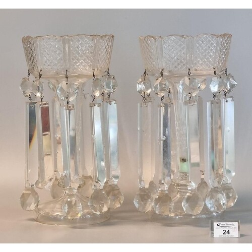 A pair of Victorian clear glass vase lustres having glass sp...