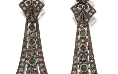 A pair of diamond and emerald pendant earrings, each with a tapering pave diamond and emerald-set panel framing an articulated emerald cabochon and suspended from a quatrefoil pave diamond and emerald-set panel and connecting link, stud fittings...