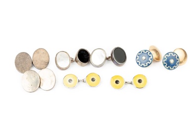 A pair of enamel and diamond set cufflinks, the circular...