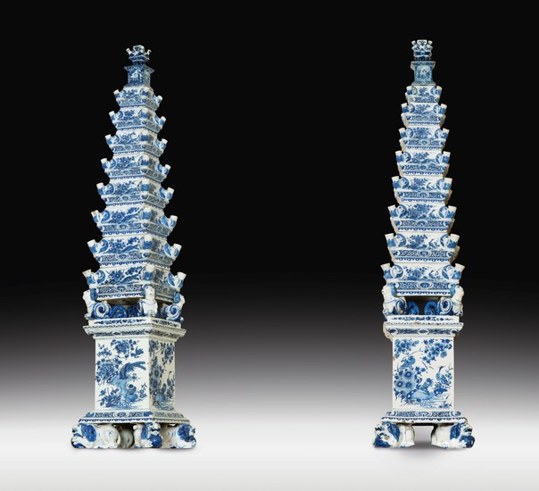 A pair of large Dutch-Delft earthenware obelisks or pyramids, late 17th century, circa 1695-1700