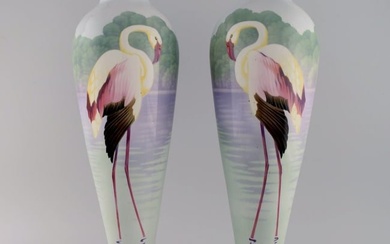A pair of large large faience vases with hand-painted flamingos and lake pavilion. 1930s.