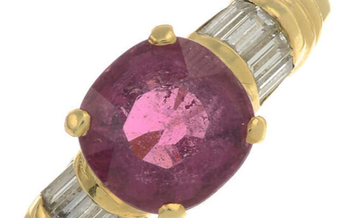 A pink tourmaline and diamond ring.